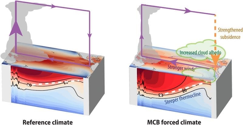 Image: Schematic diagram of the mean atmospheric and oceanic conditions forced by MCB, which are unfavorable for ENSO (s. geoengineering, climate change)