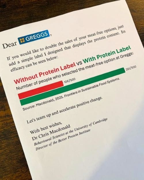 Cambridge scientist reveals strategy that could double consumer choice of meat-free foods Image: Open letter sent to Greggs from the Better Protein Institute