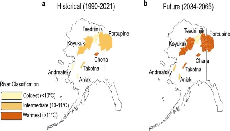 Image: River basin average summer temperatures increase from historical to future mid-century scenarios across the Arctic-Yukon-Kuskokwim (AYK) region (s.climate change)