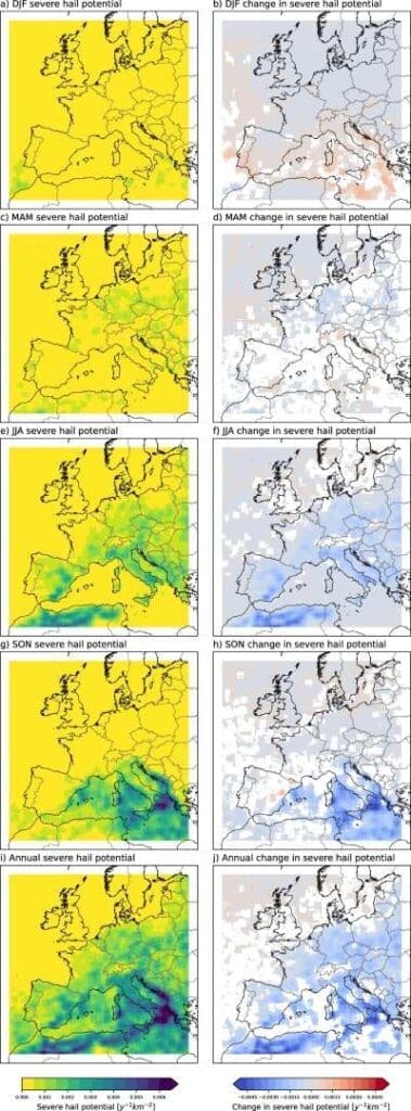 Climate change may bring fewer but larger hailstorms to Europe Image: Severe hail potential and its change (s. hailstorms, climate change)