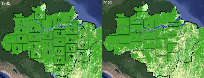 Image: Spatial distribution of forest and non-forest land cover in the Brazilian Legal Amazon (BLA) in 1985 (left) and 2020 (right), based on classifications from MapBiomas Collection 6.0 