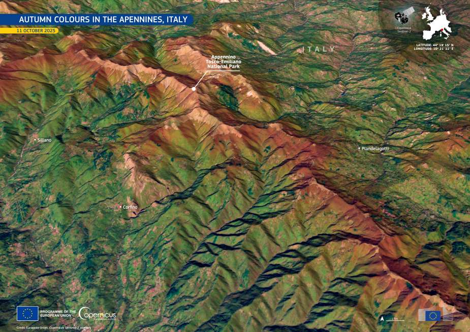 Image of the day: Seasonal colour shift in Italy’s Apennine forests Satellite Image: The Tuscan-Emilian Apennine National Park, Italy