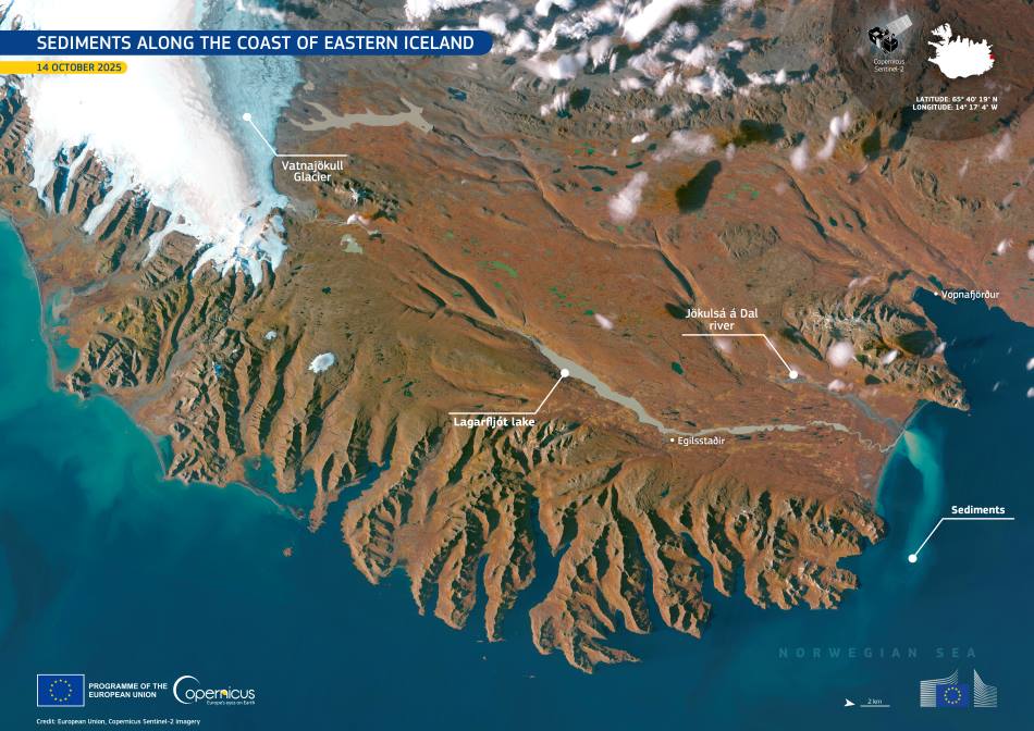 Image of the day: Sediment plume from Iceland’s glacial river Satellite Image: Jökulsá á Dal River, Lagarfljót Lake & Vatnajökull Glacier, Iceland (s. sediments)