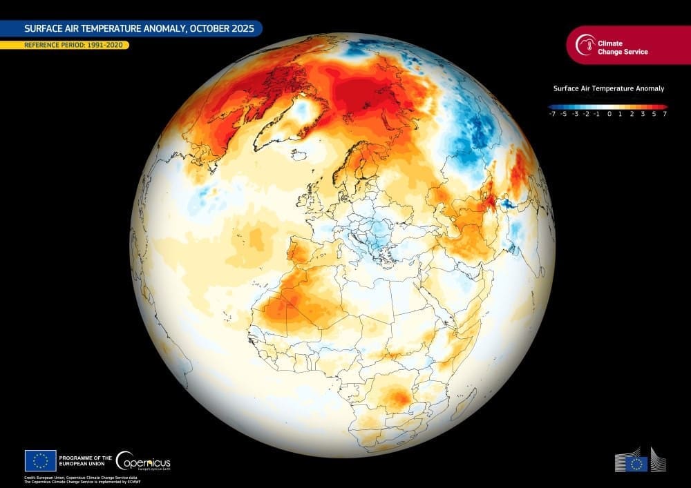 Image: This visualisation, based on C3S data, shows surface air temperature anomalies across parts of the Northern Hemisphere