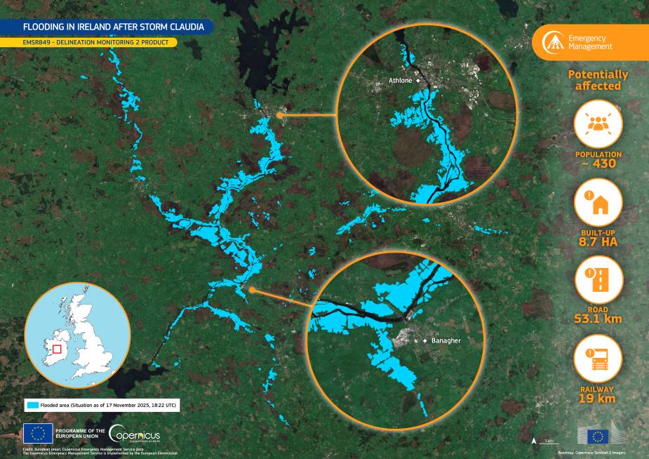 Satellite Image: Floods in Leinster and Munster provinces, Ireland (17 Nov 2025)