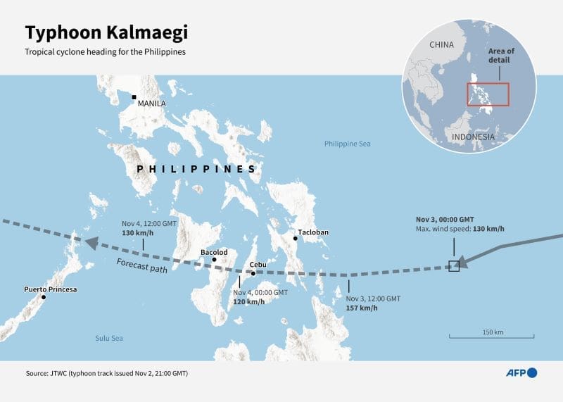 Image: Infographic showing typhoon Kalmaegi's track heading in the direction of the Philippines