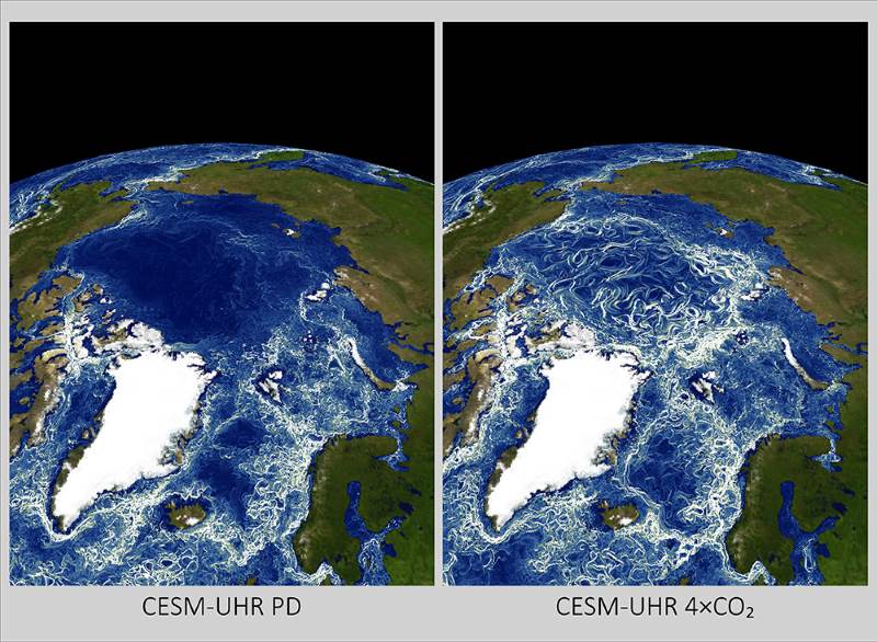 Warming oceans stir stronger turbulence in polar regions Image: Comparison of Arctic Ocean FSLE snapshots from the two simulations during March (s. ocean turbulence)