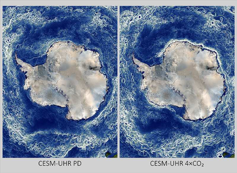 Warming oceans stir stronger turbulence in polar regions Image: Comparison of Arctic Ocean FSLE snapshots from the two simulations during September (s. ocean turbulence)