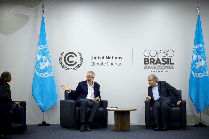 Image: COP 30 President, Andre Correa do Lago talks with UN Secretary General Antonio Guterres during a meeting at the 30th Conference of the Parties (COP30)