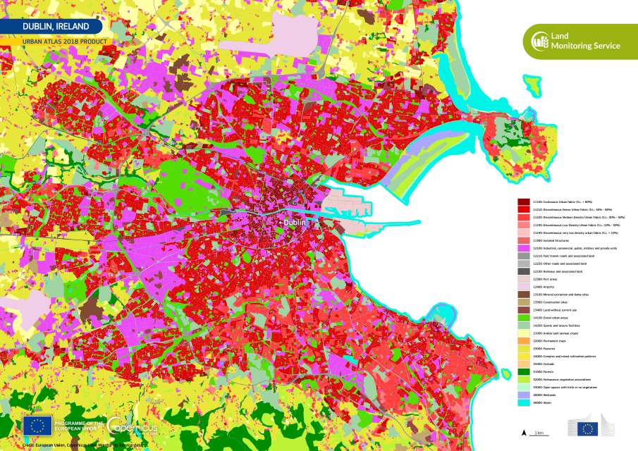 Image: produced using the Urban Atlas 2018 dataset from the Copernicus Land Monitoring Service, shows Dublin’s urban fabric with high thematic accuracy