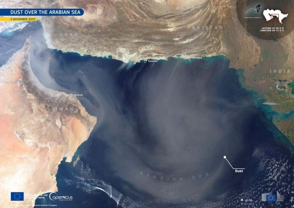 Image of the day: Dust drifting over the Arabian Sea Satellite Image: Arabian Sea (s. dust)