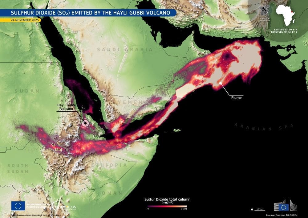 Image of the day: Sulfur dioxide plume from Ethiopia’s Hayli Gubbi eruption