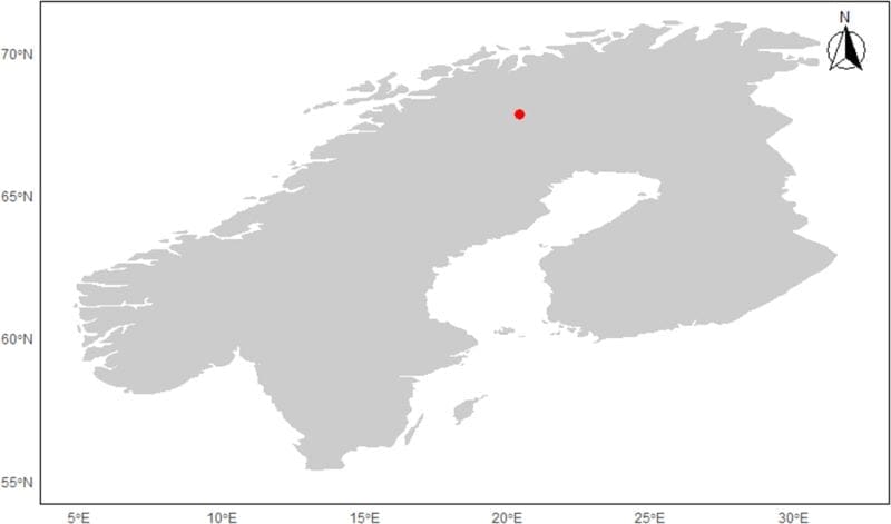 Climate Science Digest: November 28, 2025 Image: map - Location of the sampling site (red point) in Northern Scandinavia, close to Kiruna in Sweden