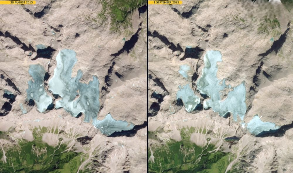 Image of the day: A decade of glacier loss on the Hoher Dachstein massif Satellite Images: Glaciers of the Hoher Dachstein Massif (30 August 2015 - left; 1 September 2025 - right)