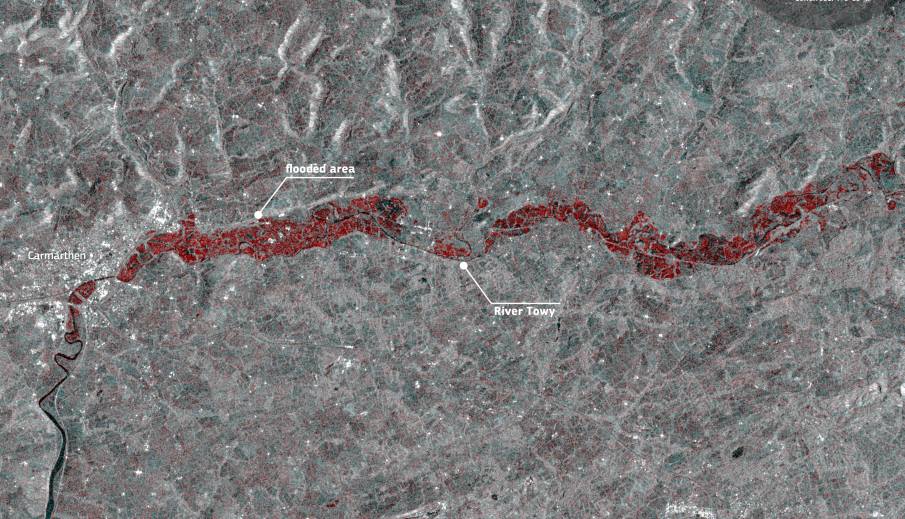 Image of the day: Flooding along the River Towy after Storm Bram Satellite Image: River Towy, Wales, United Kingdom