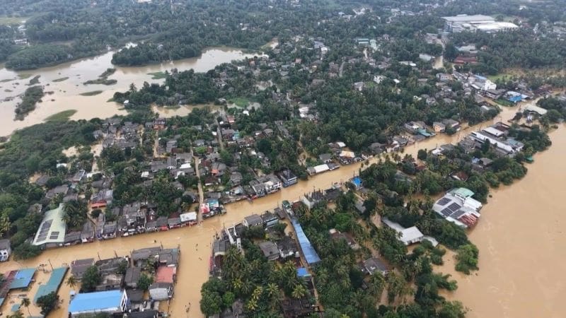 Race to get aid to Asia flood survivors as toll hits 1,300 Image: Aerial image show the inundated streets in Colombo district, Sri Lanka