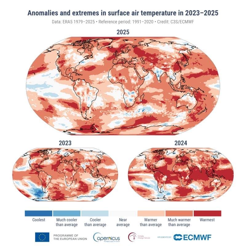 Image: maps - Anomalies and extremes in surface air temperature for 2025, 2023 and 2024 (s. 2025 ranked as third hottest year)
