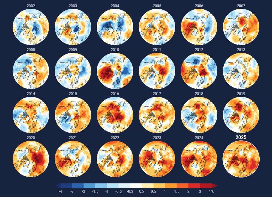 Image: Annual surface air temperature anomalies for the Arctic region (north of 40°N) for each year from 2002 to 2025, relative to the average for the 1991–2020 reference period