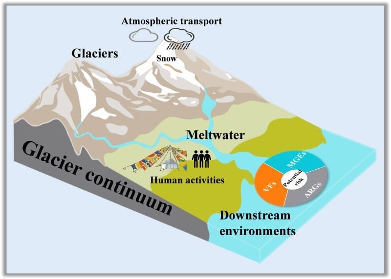 Melting glaciers could release ancient antibiotic resistance into freshwater systems Image: Graphical abstract (s. melting glaciers, climate change, freshwater systems, antibiotic resistance genes)