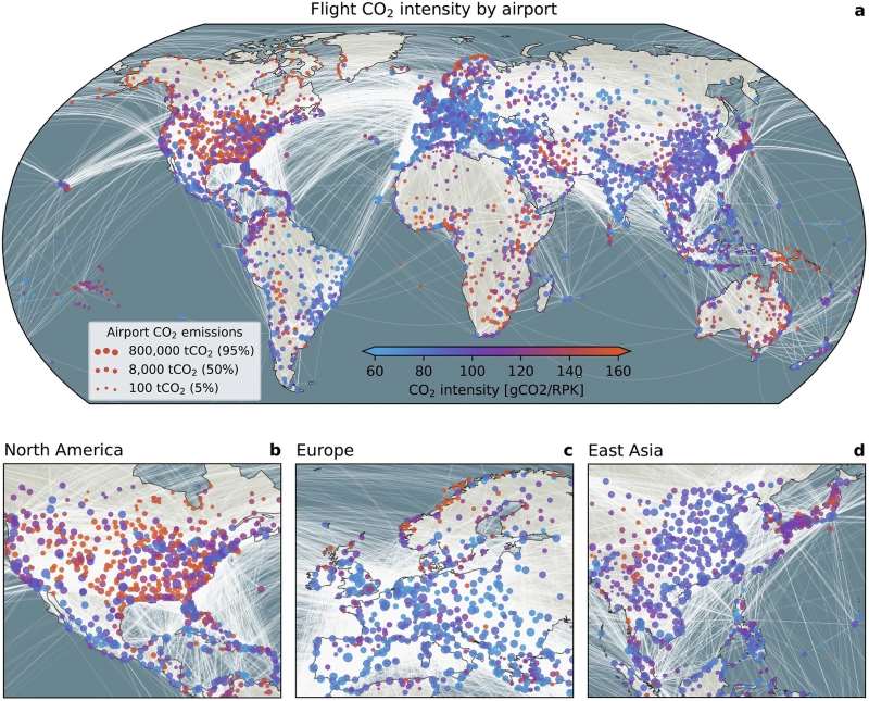 Airlines could cut emissions sharply by flying more efficiently Image: Graphic - Flight CO₂ intensity by airport (s. global aviation emissions, climate change mitigation)