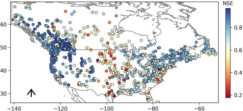 Image: graphic, map - Geographical distribution of 1,110 study catchments located in North America