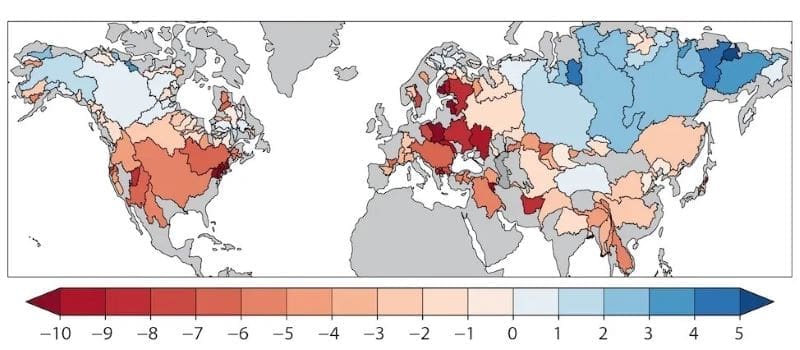 Image: The influence of the human-caused climate-change signal on snowpack (percentage per decade) between 1981 and 2020