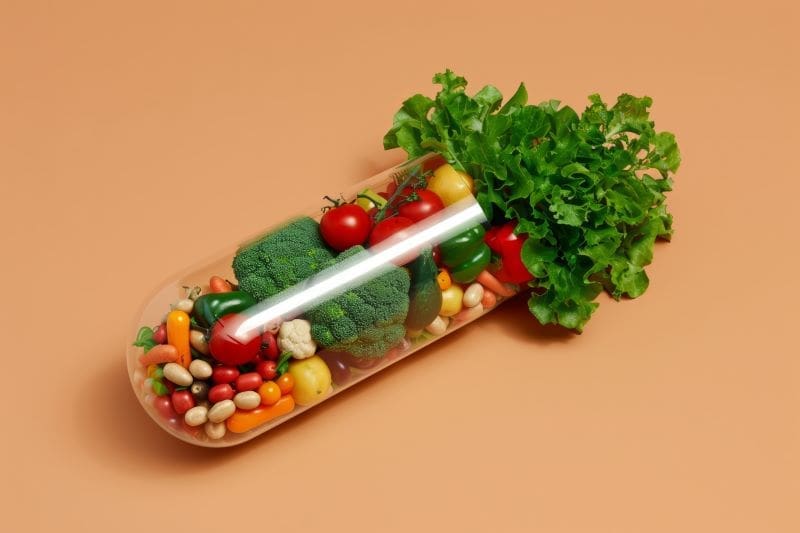 Image: View of healthy food incased in pill shaped container 