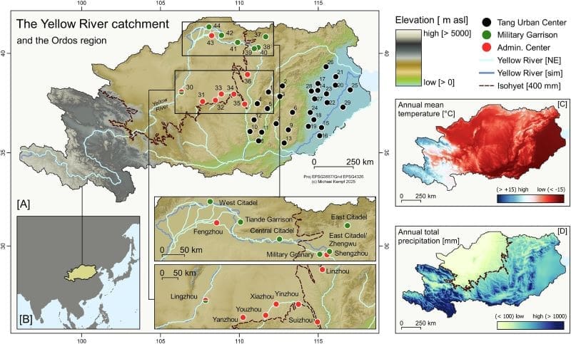 Why climate extremes mattered in the fall of the Tang dynasty Image: Fig 1 in study - Study area, site locations, place names, and environmental settings (s. Tang dynasty, climate change)