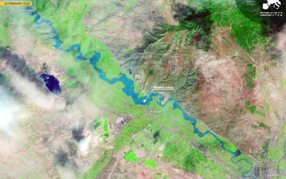 Image of the day: Ebro River surge tests Aragón’s floodplains, Spain Satellite Image: Ebro River upstream of Zaragoza, Aragón, Spain