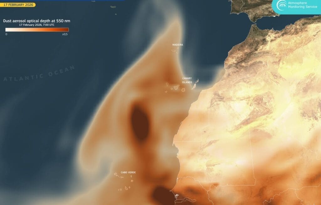Satellite Image: Saharan dust plume over northwest Africa and the eastern Atlantic Ocean (17 February 2026)