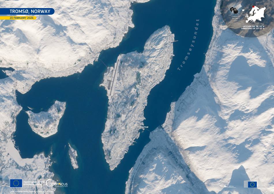 Image of the day: Snow-covered Tromsø after the polar night Satellite Image: Tromsø, Norway