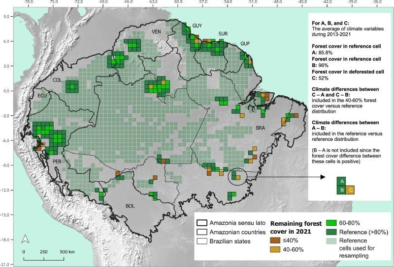 Image: Selected 0.5° grid cells for comparing climate averages between deforested and neighboring reference regions (s. Amazon deforestation)