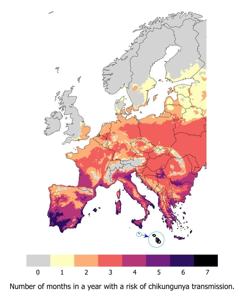 Climate Science Digest: February 19, 2026 Image: Chikungunya risk map, Europe (s. climate change effects)