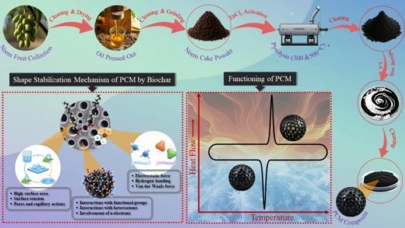 Image: Graphical abstract  - Temperature-modulated surface features of neem seed biochar for sustainable thermal energy storage applications