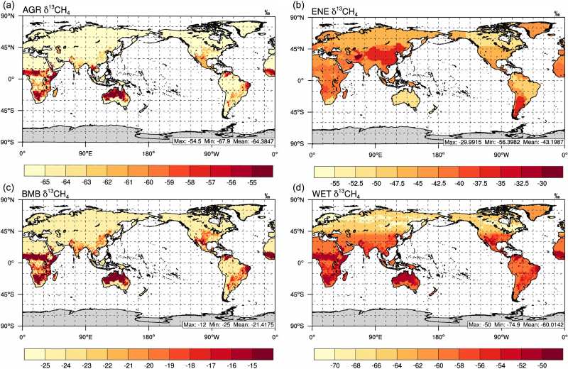 Image: Spatially resolved isotopic source signatures for agriculture (AGR, a), energy (ENE, b), biomass burning (BMB, c), and wetlands (WET, d) 