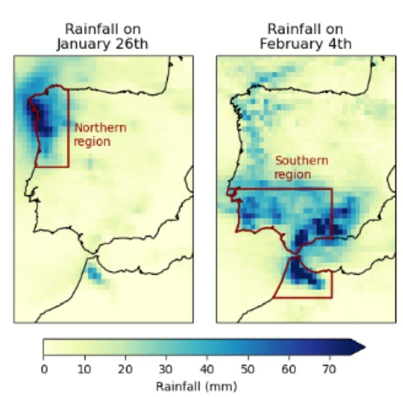 Climate change fuelled deadly rainstorms in Iberia, Morocco: scientists Image: Maps of total precipitation on January 26th and February 4th (s. climate change effects)