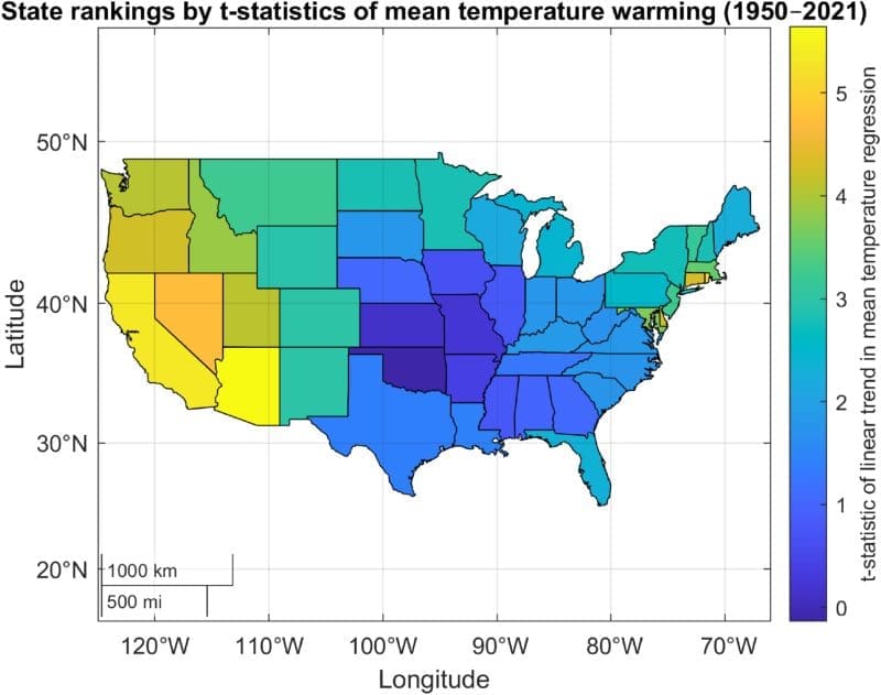 Image: State rankings by HAC-based t-statistics of mean temperature warming across U.S. states (1950–2021) 