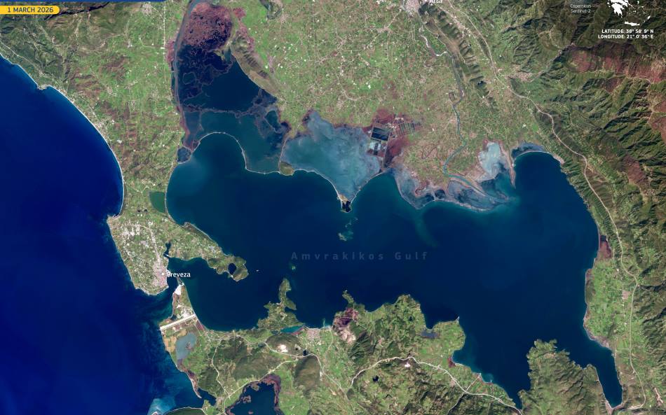 Image of the day: Amvrakikos Gulf wetlands and lagoons in western Greece Satellite Image: Amvrakikos Gulf, Greece (s. wetlands)
