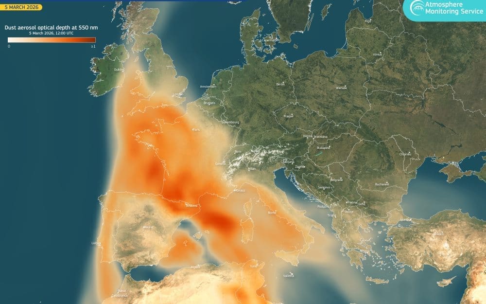 Image: CAMS visualisation of Saharan dust across Europe (early Marcg 2026)
