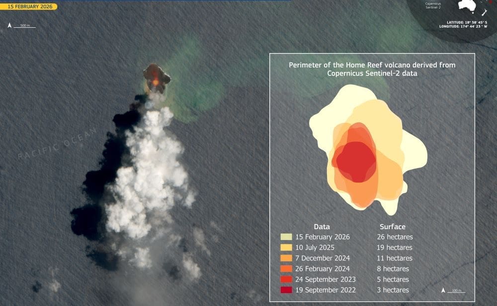 Satellite Image: Home Reef volcano, Tonga (15 February 2026) and data visualisation