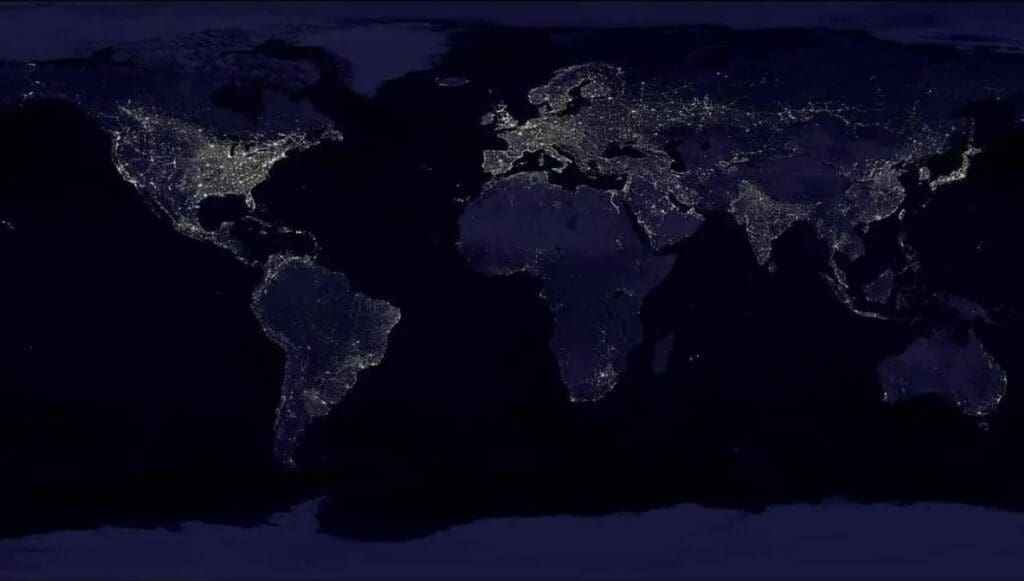 Satellite Imagery: This composite image shows a global view of Earth at night, compiled from over 400 satellite images