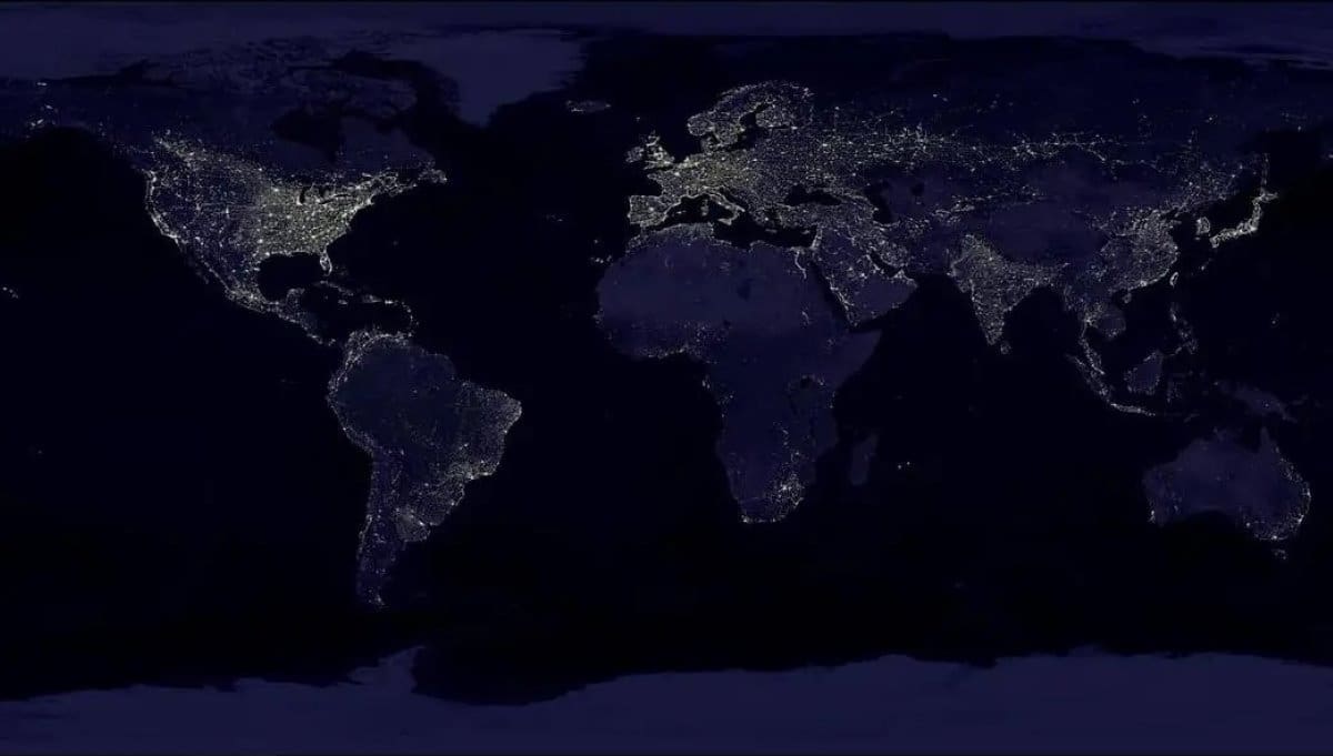 Satellite Imagery: This composite image shows a global view of Earth at night, compiled from over 400 satellite images