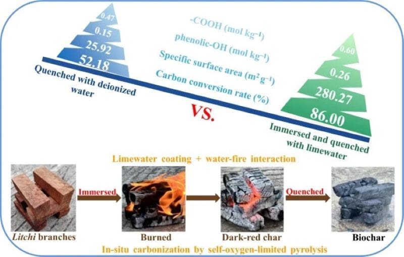 Image: Graphical abstract - 'Enhanced carbon retention in Litchi biochar via in-situ limewater coating and self-limited oxygen pyrolysis regulated by water-fire interaction'
