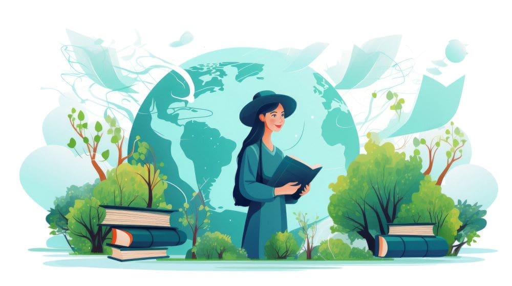 Image: Person with books in digital art style for education day (s. climate education)