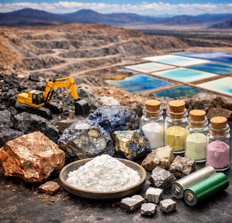 Image: Collage - Demand for critical raw materials such as lithium, cobalt and rare earth elements is rising as countries expand renewable energy and battery production (AI Gen) (s. critical minerals, sustainability)