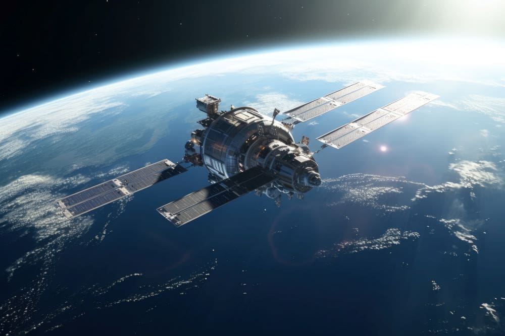 Image: Photorealistic Earth planet; satellite in orbit (s. AI & marine plastic pollution)