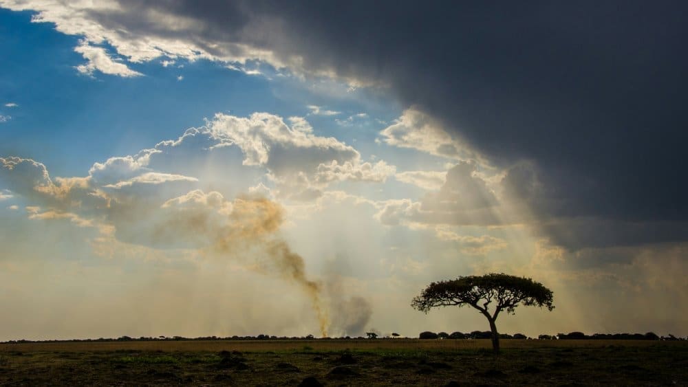 Image: Rainclouds, fire over african landscape (s. thunderstorm, weather forecasting)