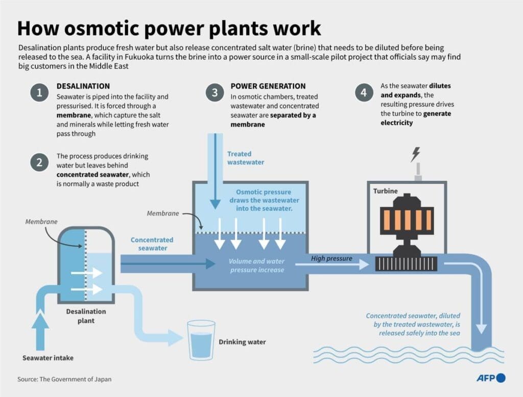 Image: Infographic explainer showing how an osmotic power station works (s. power of osmosis)