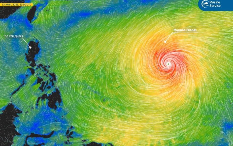 Image: Super Typhoon Sinlaku over the western Pacific Ocean (13 April 2026) - data visualisation