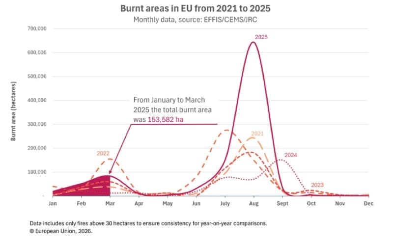 Image: Graphic - Burnt areas in EU from 2021 to 2025 | Monthly data (s. wildfires, climate change)